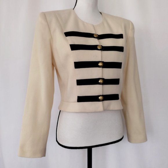 Vintage 1980s Cream and Black Striped Military Style Cropped Jacket - Picture 3 of 12